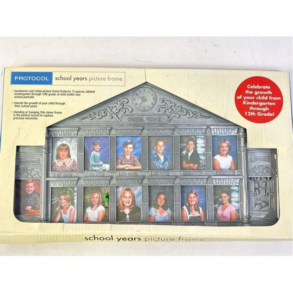 VTG School Years Picture Frame Cast Metal School House Kindergarten-12th Pewter